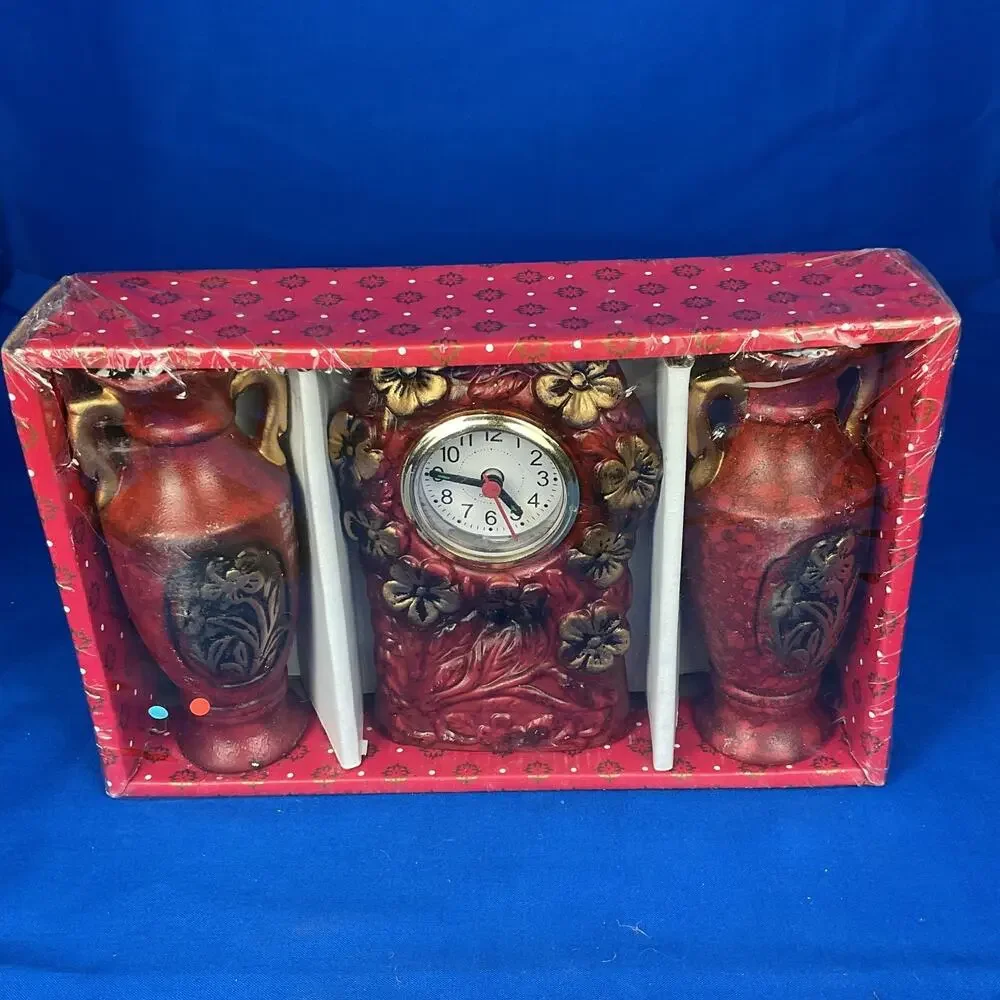 Vintage Red Floral Quartz Mantel Clock Matching Vases 3pc Gift Set New Sealed